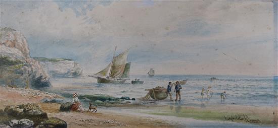 Leopold Rivers, watercolour, fisherfolk along the shore, signed, 14 x 12cm, unframed